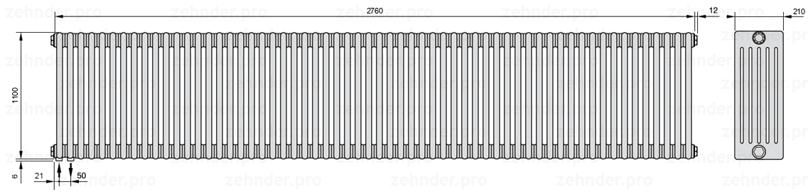 Схема (чертеж) Радиатор Zehnder Charleston 6110/60 №3370 Белый глянцевый RAL 9016